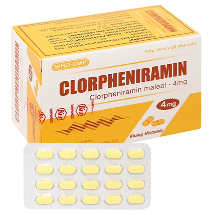Clorpheniramin Khapharco 4mg, điều trị triệu chứng viêm mũi dị ứng (Hộp 10 vỉ x 20 viên)